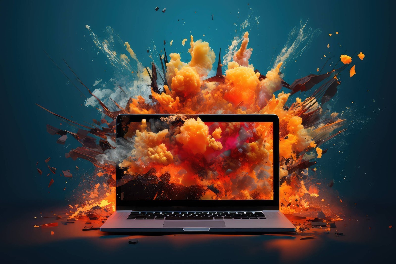 Broken computer front view on flat colored background. Exploding laptop screen, creative banner concept for tech repair shop, computer wizard. Generative AI 3d render illustration.